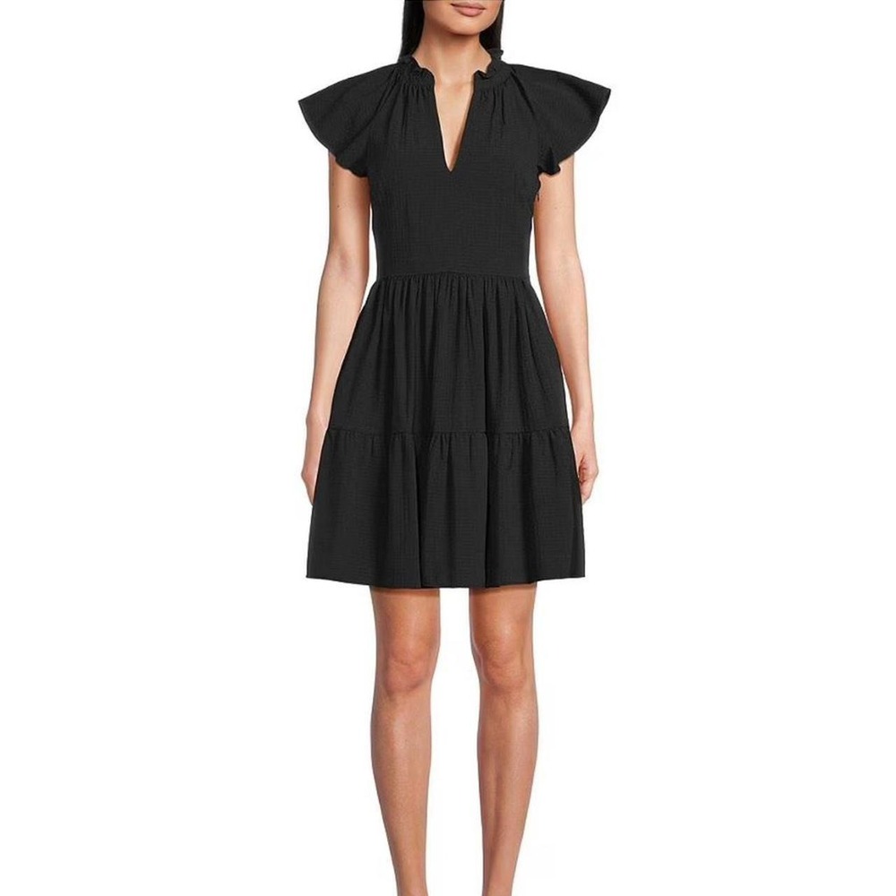 Black Alex Marie Ruffled V-neck Tiered Mini Dress w/ Pockets Women's 14 NWT Boho